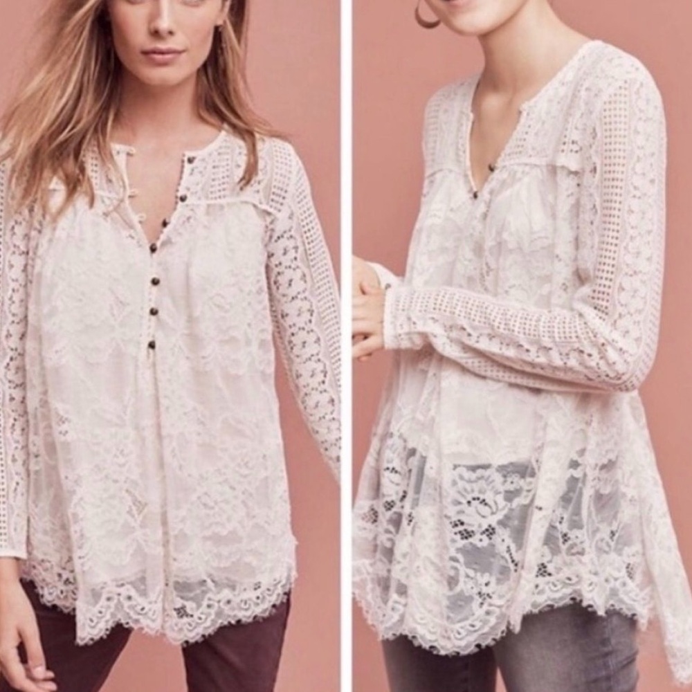 Anthropologie Floreat Lace Long Sleeve Swing Henley Blouse Ivory Boho Fairy 8